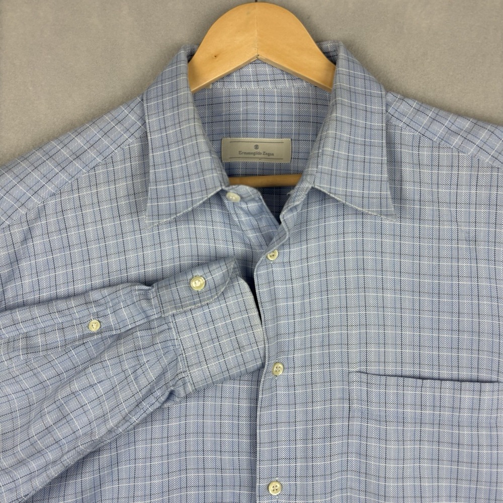 Ermengildo Zegna Button Up Shirt Men’s 17-43 Blue Check Long Sleeve Dress Formal